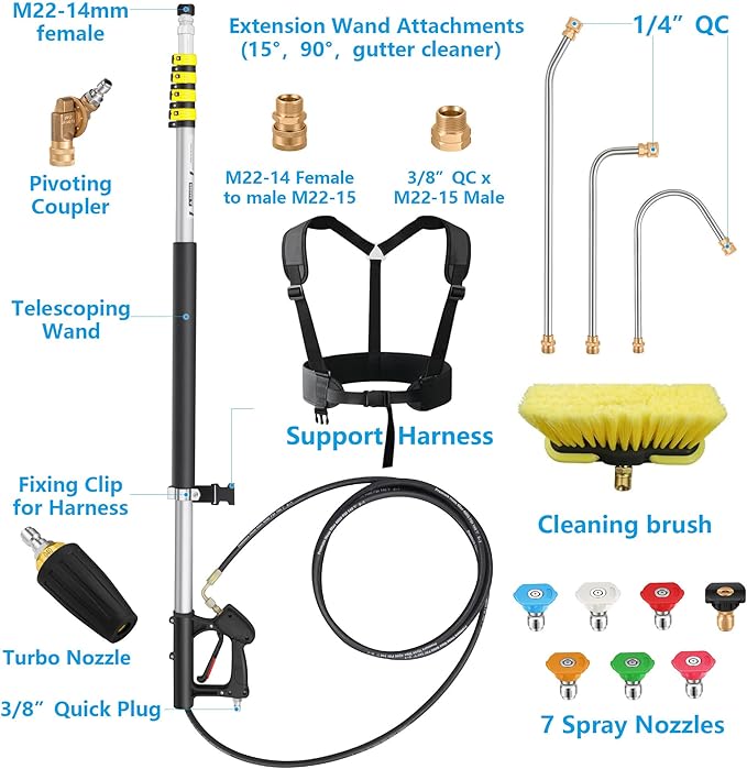 24 FT Telescoping Pressure Washer Wand Extension, Power Washer Extension Wand with Brush Head, 7 Nozzle Tips, 3 Adapters & Support Harness, Gutter Cleaning Tools for 2 Story House