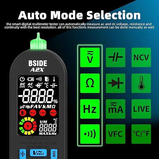 BSIDE Rechargeable Digital Multimeter Electrical Amp Tester Color LCD 6000 Counts Automatic Smart Voltmeter VFC Capacitance Diode AC DC Current Continuity Voltage Tester with Carrying Case
