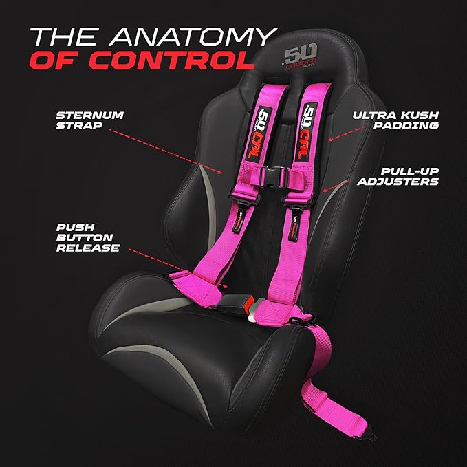 1pc 4 Point Harness for Bucket Seat, Push Release, 10 Color Options, Racing Harness, Race Car, Off Road, UTV, RZR (3in Pink)