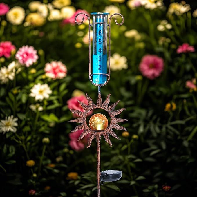 WONDER GARDEN Solar Rain Gauge Outdoor, Sun Decorative Rain Gauges Outdoors Best Rated with Orange Crackled Glass Ball, Freeze Proof Water Rain Measure Gauge for Yard Patio Lawn Decor