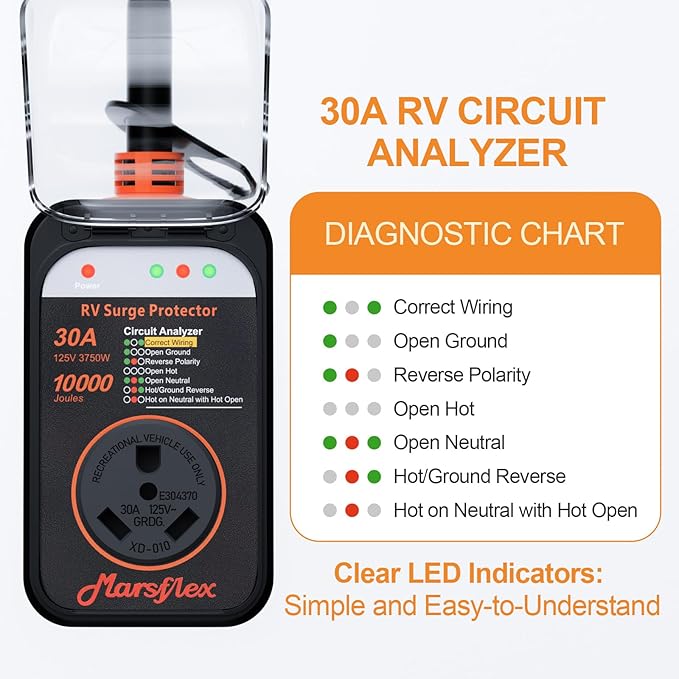 Marsflex Rv Surge Protector, 30amp Rv Circuit Analyzer, 10000 Joules Surge Protection with Waterproof Cover, LED Display, rv Voltage Protector for Camper, Travel Trailers, Motorboat, Color Black