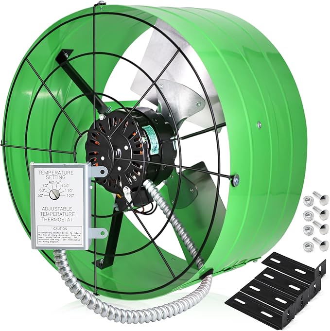 Hiorucet Gable Mount Attic Exhaust Fan with Adjustable Thermostat, 2801CFM 3750 SQF High Speed Low Noise Gable Vent Fan, 16 Inch Fan Blade and Permanently Lubricated Motor, Green.