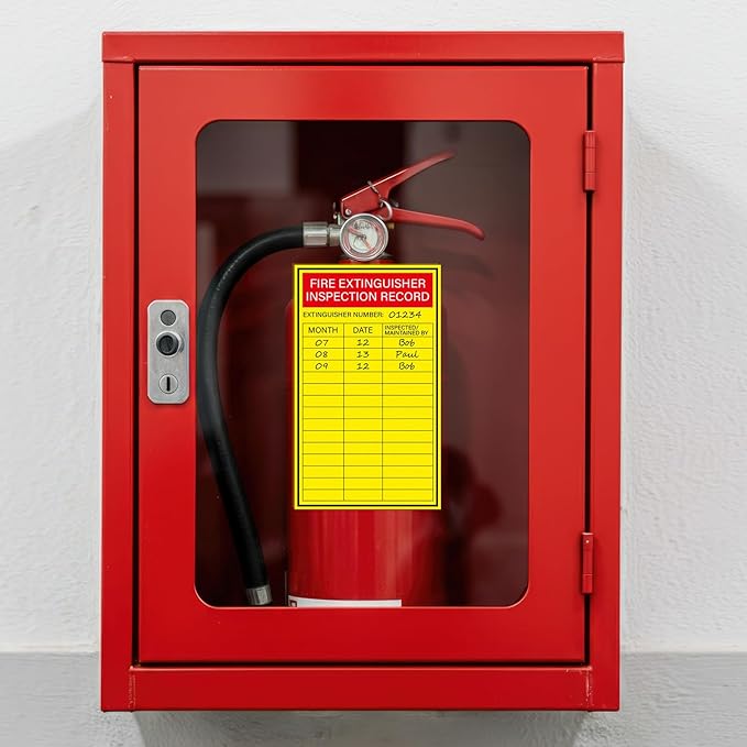 200PCS Fire Extinguisher Inspection Record Label Self Adhesive 5 x 3 Inches Writable Waterproof Coated Paper Monthly Safety Record Stickers for Fire Extinguisher