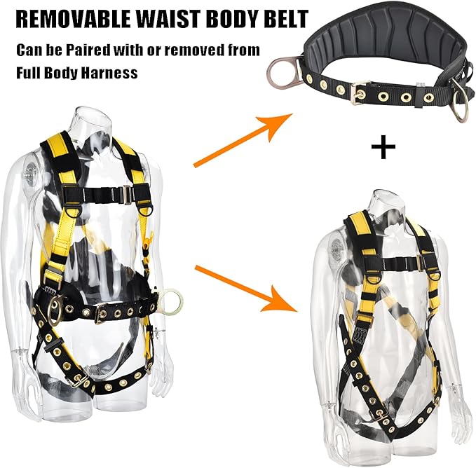 3D-Rings Fall Potection Safety Harness With Waist＆Leg Tounge Buckles|Waist & Shoulder Pad Support ANSI Compliant