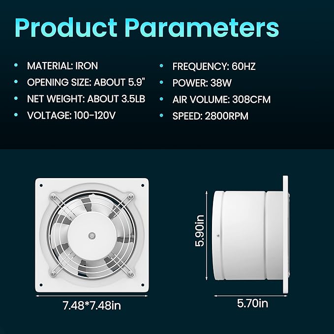 HG Power 6 Inch Exhaust Fan, 308CFM Wall Exhaust Fan for Kitchen, Metal Extractor Fan for Attic, Garage, Window Ventilation, HVAC System
