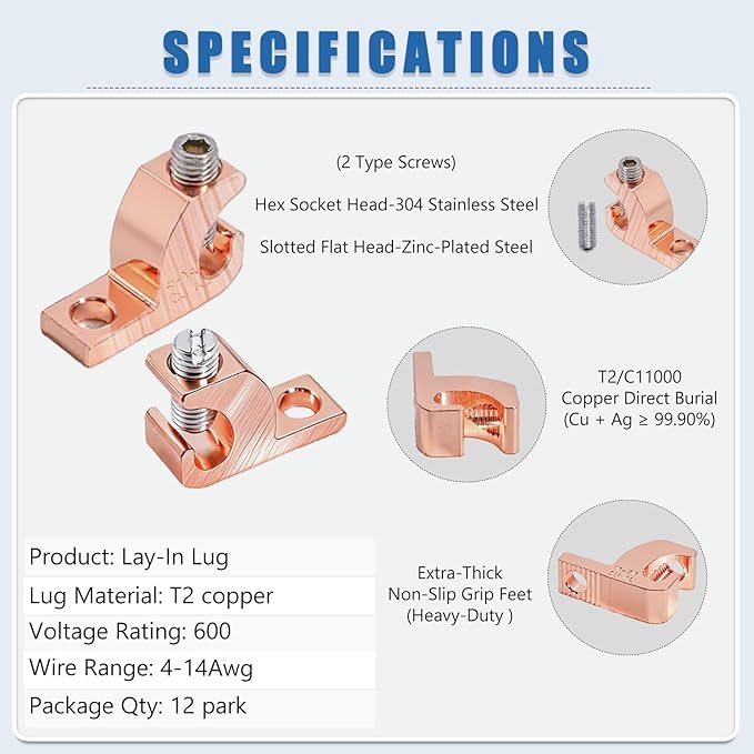 Lay in Connector Pool Bonding Lug, 12 Pack Copper Lay-in Clamps with 304 SS Screws for Grounding Swimming Pools Spas and Conduits, 4-14 Wire Range