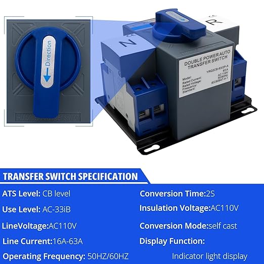 63A 110V Automatic Transfer Switch 2P, Dual Power ATS for Generator&Solar Backup–Overvoltage/Undervoltage Protection, Manual/Auto Changeover,50/60Hz CE Certified