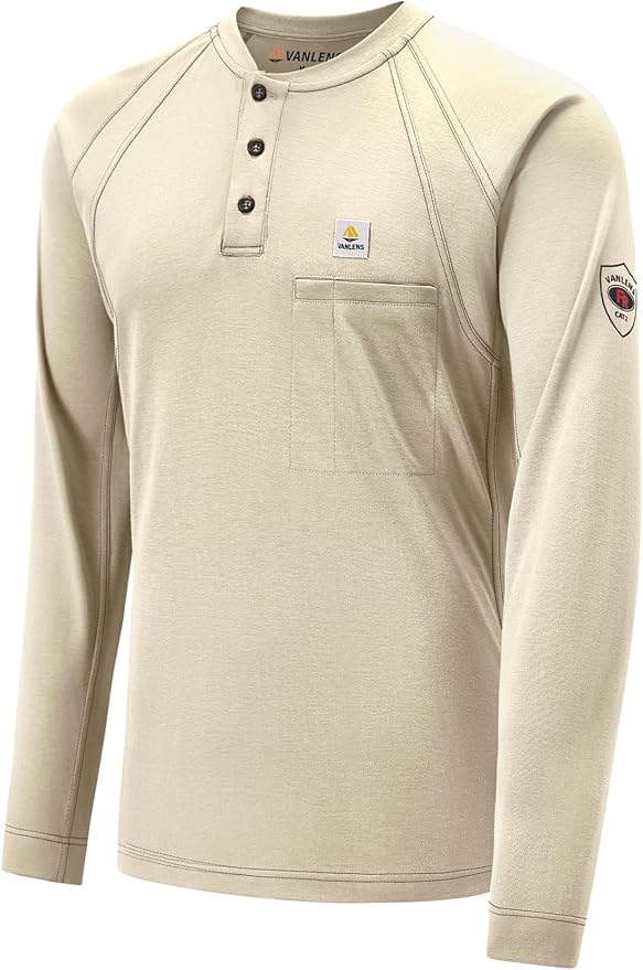FR Shirts for Men Light Weight Flame Resistant Henley Shirts Long Sleeve Shirts HRC2/CAT2 6.5oz 100% Cotton