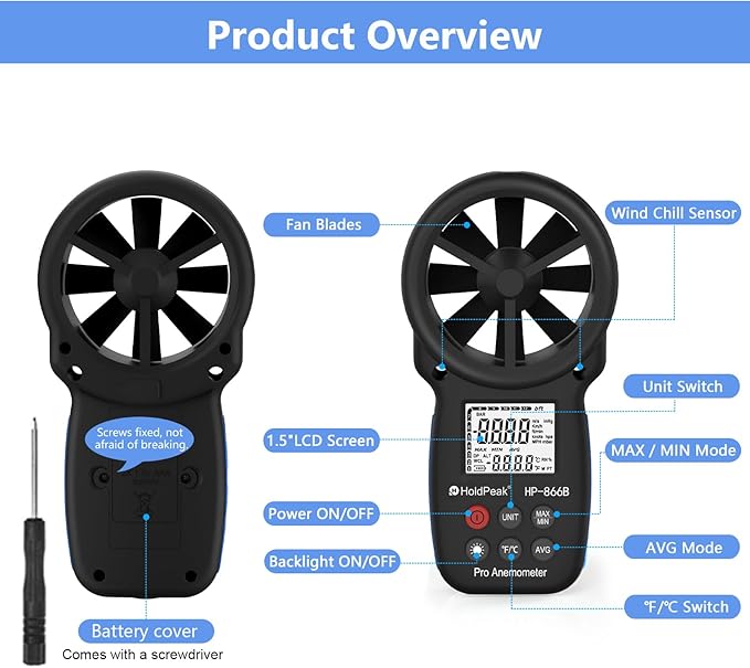 HoldPeak 866B Digital Anemometer Handheld Wind Speed Meter for Measuring Wind Speed, Temperature and Wind Chill with Backlight and Max/Min