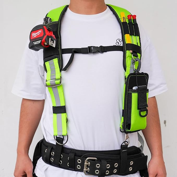 MELOTOUGH Reflective Safety Tool Belt Suspenders Construction Bag Suspenders Padded Work belt Suspenders for Carpenter/Electrician/Roofing/Farmer work Suspension Rig(Reflective Green)