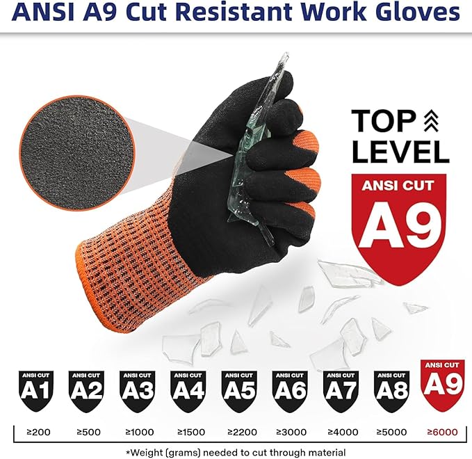 Schwer ProGuard High Level Cut Resistant Work Gloves PR3326 for Extreme Protection, ANSI A9 Cut Gloves with Reinforced Thumb, Non Slip, Breathable, Durable, Touch-screen, Orange 1 Pair（M）
