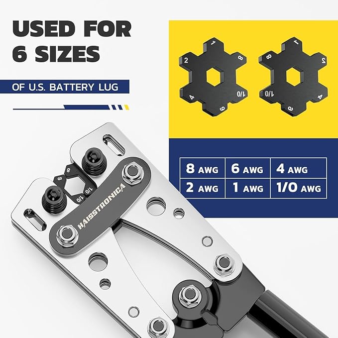haisstronica Heavy Duty Battery Cable Crimping Tool Kit-Ratchet Hex Extended Handle Crimper for 8,6,4,2,1,1/0 AWG Copper Lugs with Cable Cutter, 32PCS Copper Lugs&Heat Shrink Tubing