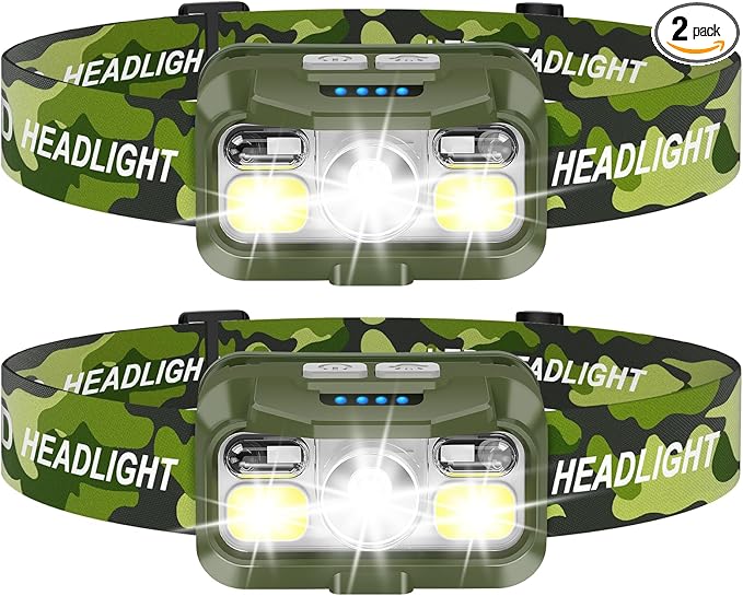 LHKNL Headlamp Rechargeable, Lumen Super Bright Motion Sensor Head Lamp Flashlight,2-Pack Waterproof LED Headlight with White Red Light,8 Modes Head Lights for Camping Cycling Running Fishing-Green
