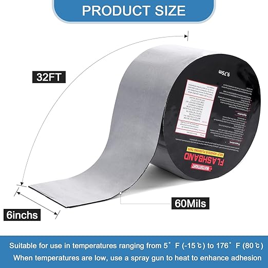 Flashing Roll Tape Asphalt Membrane, 6 inches X 32 Feet 60Mil Thick Waterproof Asphalt Patch Seal Tape Roll, Self-Adhesive Roof Sealant, Asphalt Repair for Door Roof Window Gutter Outdoor （1 Roll)