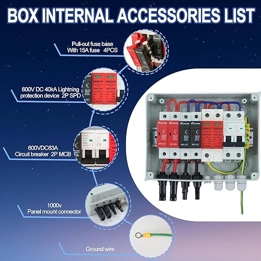 Solar Combiner Box 600V 2 inputs and 1 Output 15A Rated Current Fuse 63A DC Circuit Breaker & SPD, 15A Fuse, for PV Array System, Plug and Play Outdoor Solar Junction Box for Home and Commercial Use