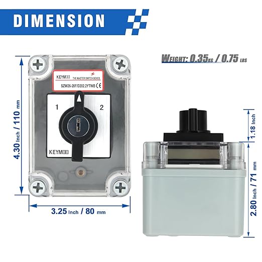 20A Rotary Changeover Switch with Key Lock, 660V 3 Position 2 Phase 8 Terminals, 2-Way 2NO 2NC, Universal Selector Switch with Waterproof Enclosure (3 Positions 2 Poles w/Key)