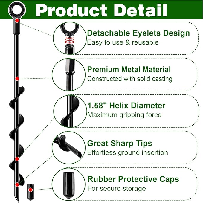 Ground Anchors Screw in, 18 Inch 4 Pack Spiral Swing Set Trampoline Earth Anchor Heavy Duty Metal Auger Stakes Kit for Shed Tent Tree Dog High Wind Carports Camping Mobile Home Greenhouse
