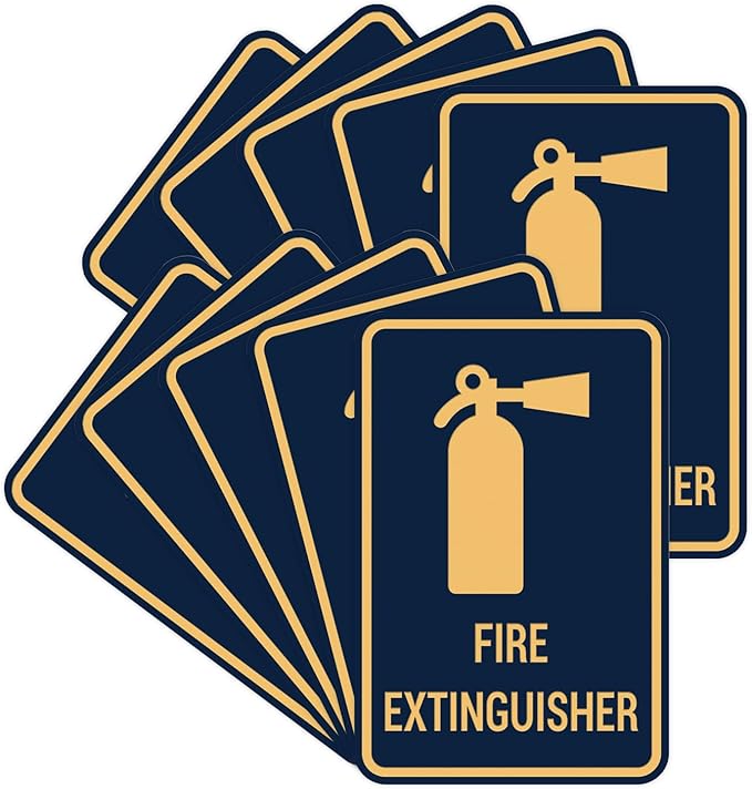 Signs ByLITA Portrait Round Fire Extinguisher Sign with Adhesive Tape, Mounts On Any Flat Surface (Navy Blue/Gold) - Large (10 Pack)