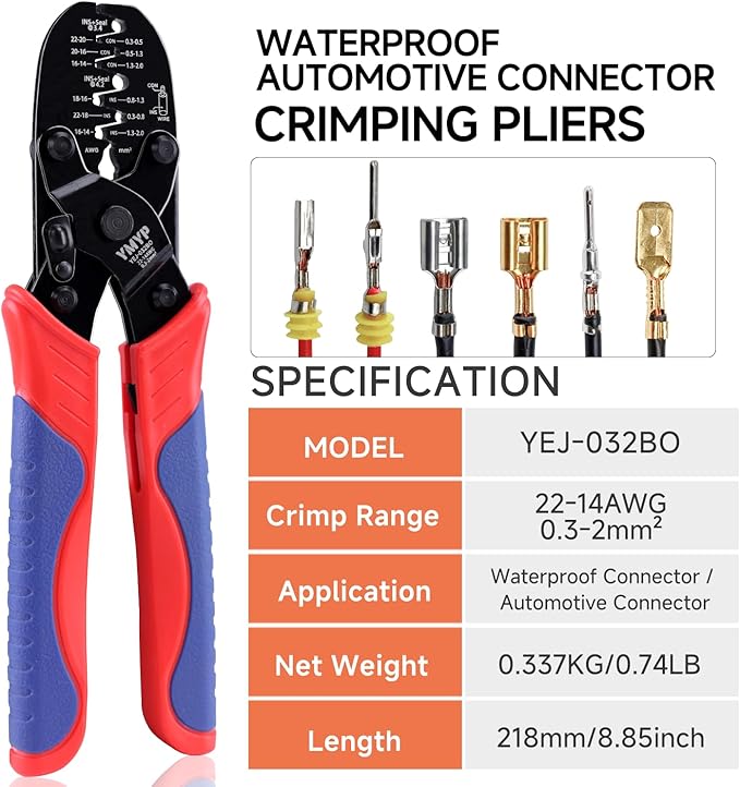 Weather Pack Crimper & Metri Pack Crimping Tool for 0.3–2.0mm² (22–14 AWG) Open Barrel & Sealed Terminals – Fits Deutsch DT/DTM, Waterproof Connector– Dual Cavity Connector Crimper YEJ-032BO