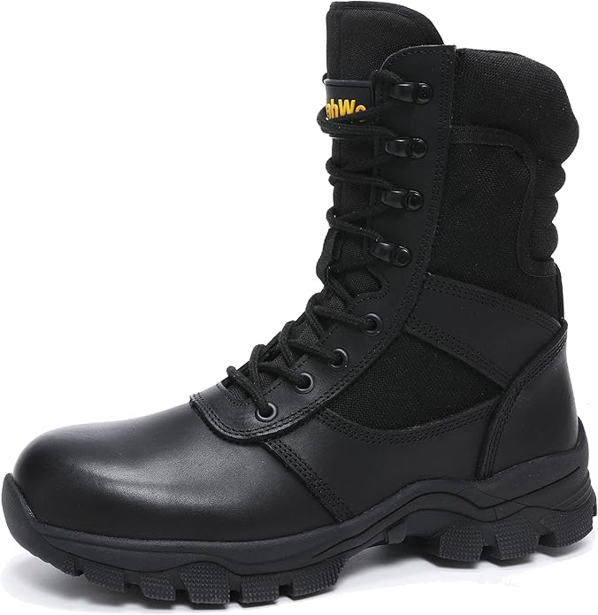 DahWe Men's Steel Toe Work Boots with Side Zipper 8 inch Lightweight Comfortable Indestructible Puncture Proof for Industrial Construction Warehouse Roofing Logger Riding Safety