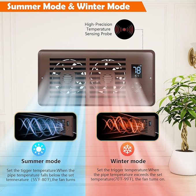 Register Booster Fan Fits 4" x 10" Register Holes, Vent Fan with DIY Scent Diffuser,Quiet 10-Speed Smart Heating Cooling AC with LCD Screen,Remote Control and Thermostat Control for Home,Wall,Floor