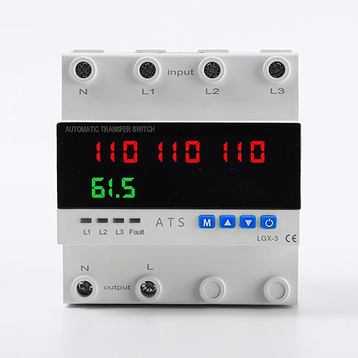 4P Automatic Transfer Switch with LCD Display, 63A Triple Power ATS with 4 Digital Displays for Input & Output Real-Time Volrage Monitoring, Automatic Changeover for Utility/Generator/Solar