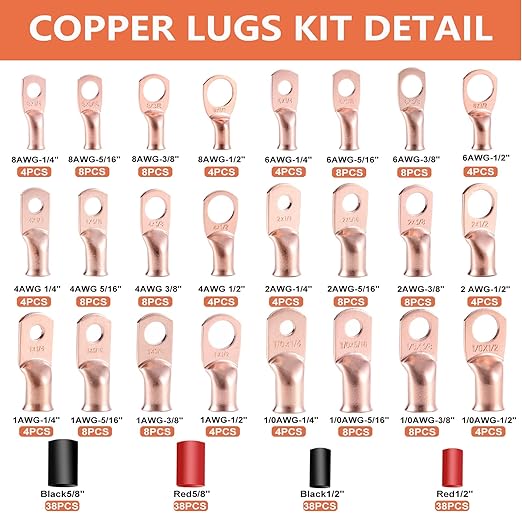 296 Pcs Pure Copper Ring Terminal Kit (8-1/0 AWG) - 144 Battery Lugs (1/4″, 5/16″, 3/8″, 1/2″) with 152 Heat Shrink Tubes for Multi-Gauge Wire in Automotive, Inverter, Marine, RV Applications