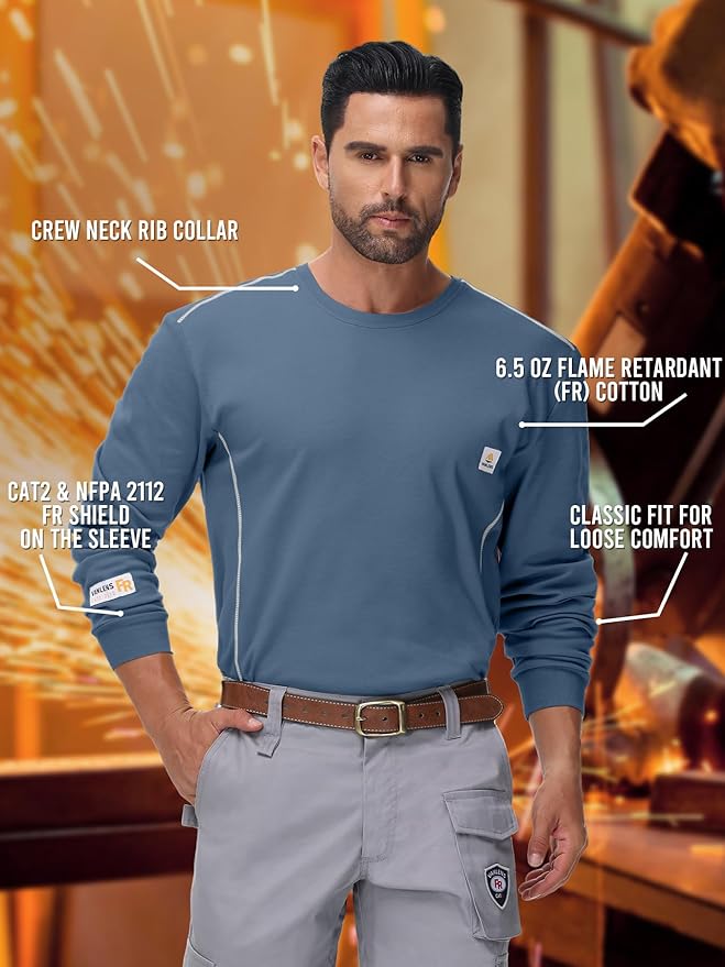 FR Shirts for Men CAT2/HRC2 6.5oz Lightweight Fire Resistant Shirts for Men Long Sleeve Crewneck T-Shirt