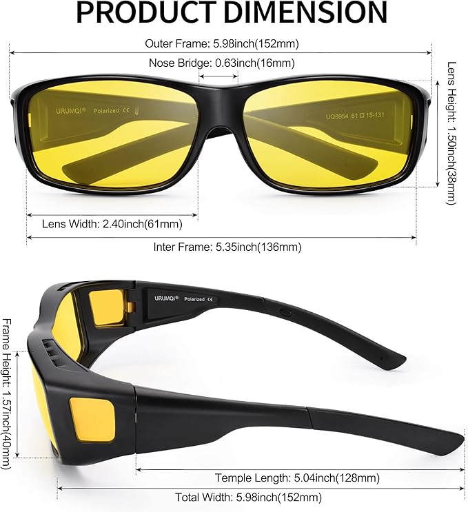 URUMQI Night Vision Driving Glasses Fit Over Eyeglasses for Men Women, Anti Glare Polarized Nighttime Glasses Yellow Lens