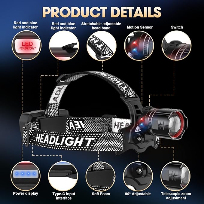 Headlamp Rechargeable Super Bright, 2 Pack High Lumen LED Head Lamp with Motion Sensor, 5 Modes Zoomable Head Light for Forehead, 90° Adjustable, Waterproof Headlamps for Adults Hard Hat Light Camping