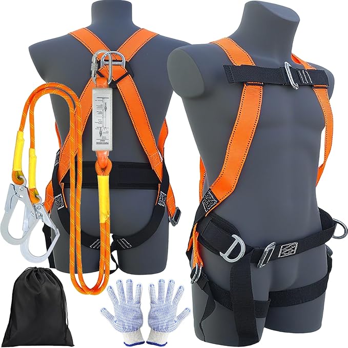 Safety Harness Fall Protection Kit,INTERNAL Shock Absorbing Landyard&Hook Full Body Safety Harness for Construction,Roofing Work Harnesses,OSHA/ANSI Compliant(Orange)
