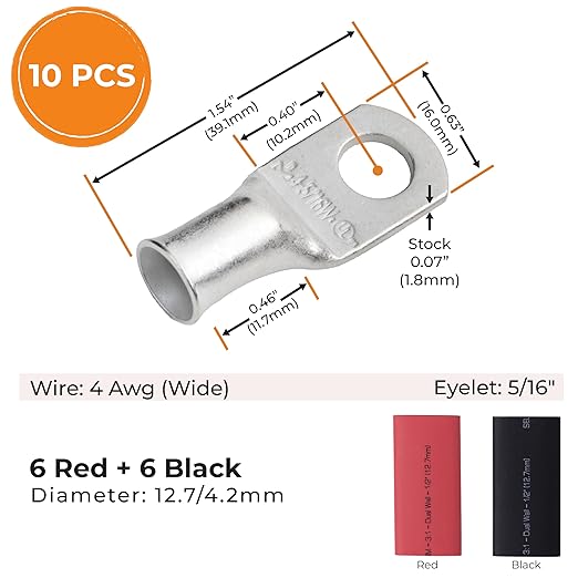 SELTERM 10pcs - 4 Awg 5/16" Stud (Wide) Battery Lugs - Ring Terminal Connectors with 12pcs 3:1 Black & Red Heat Shrink Tubing with Adhesive, Heavy Duty Battery Cable Ends - Tinned Copper Wire Lugs Kit