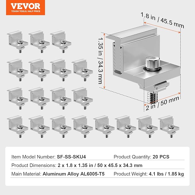 VEVOR Solar Panel Z Mounting Brackets, 35-50mm Adjustable Solar Panel End Clamps, Lightweight Anodized Aluminum Solar Panel Mount Z Brackets for RVs, Campers, Boats, Walls, Roof (20 PCS)