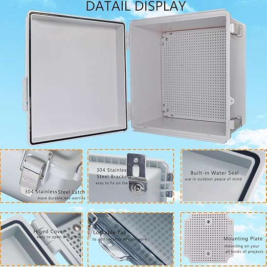 Waterproof Junction Box, ABS Plastic Electrical Box with Stainless Steel Latch, Hinged Cover Electric Project Enclosure Box with Mounting Plate, Wall Brackets 13"x13"x6.7"