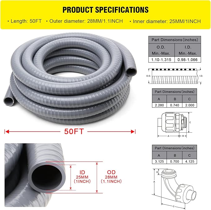DWALE Liquid-Tight Conduit and Connector Kit,Flexible Non Metallic Liquid Tight Electrical Conduit,1inch50ft Electrical Conduit Kit,with5 Straight and3 Angle Fittings Included,1 in. Dia (50FT)