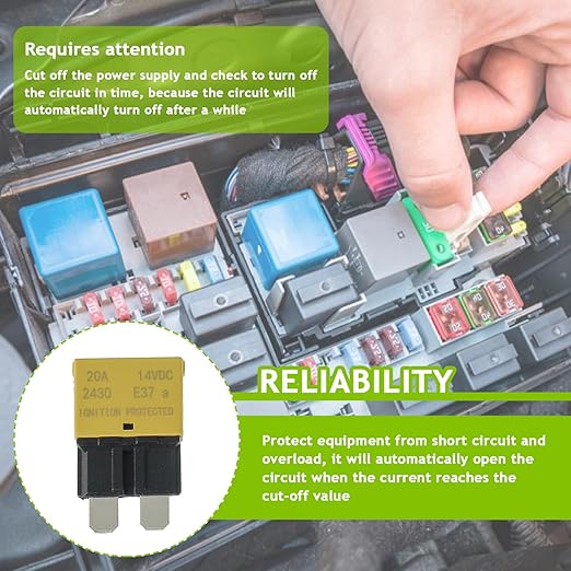 20A DC 12V-14V Auto Reset Circuit Breaker ATC/ATO Low Profile T1 Mini Blade Fuses Breakers for Car Trucks Marine Boat RV Solar and More,2 Pack