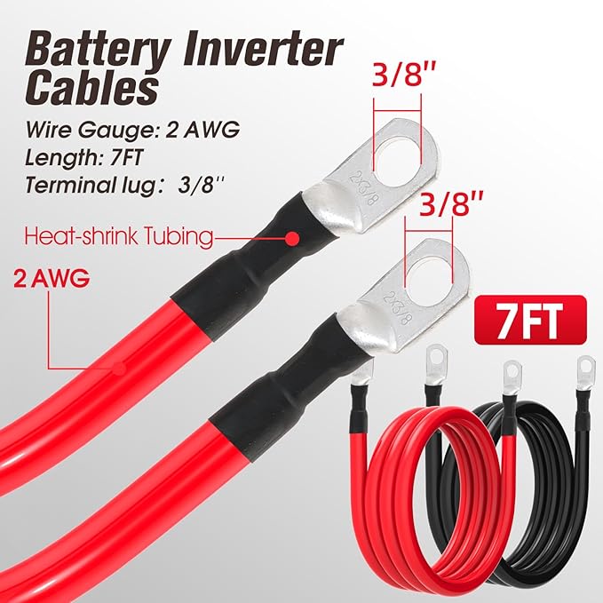 2 AWG Battery Cable 2AWG Gauge Battery Inverter Cables for Automotive Solar Marine Boat RV Car Motorcycle (2 AWG, 7FT, 3/8")