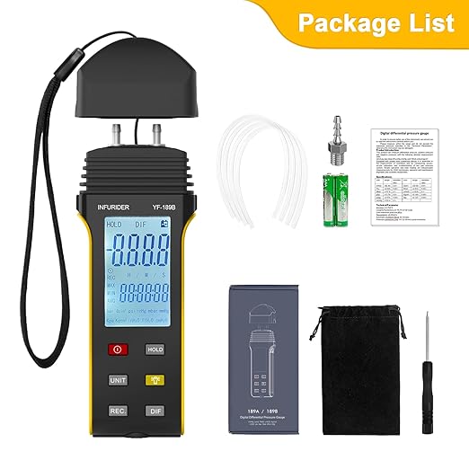 Manometer, HVAC Digital Manometer Gas Pressure Tester, Handheld Air Pressure Meter, 11 Optional Units Differential Pressure Gauge YF-189B with Backlight, Data Hold Function