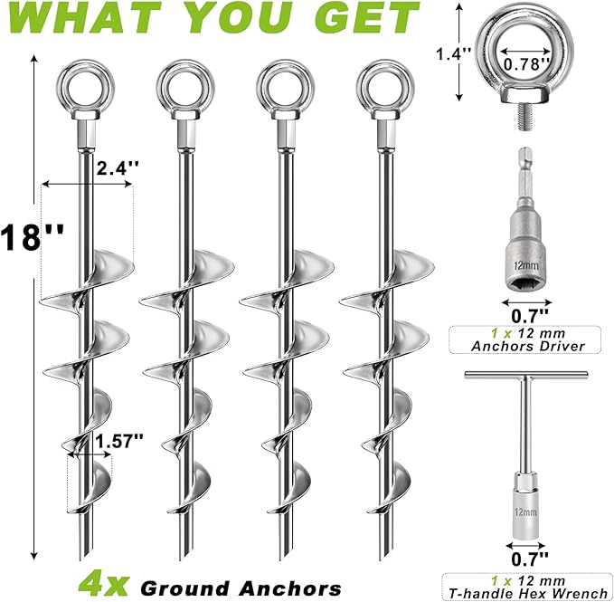Ground Anchors Screw in, 18 Inch Ground Anchors Heavy Duty Metal Earth Auger Anchors Trampoline Stakes Kit High Wind for Swing Set Shed Rv Canopy Gazebo Mobile Home Tree Playground Dog, 4 Pack
