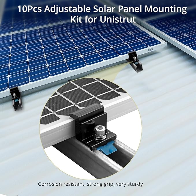 Anbte 10pcs Adjustable Solar Panel End Clamp for Unistrut, 30-50mm Aluminum Solar Panel Mounting Brackets with Nuts Bolts and Wrench, for Metal Roof, Tin Roof, Flat Roof, Sheet Roof, RV, Black