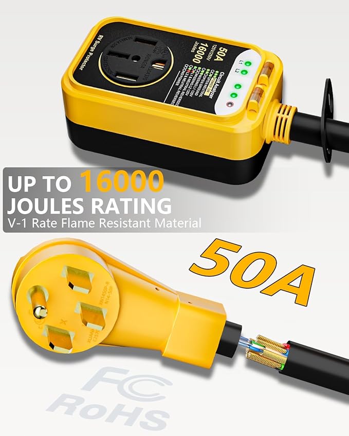 RV Surge Protector 50 Amp,RV Surge Voltage Protection with Safety Certification, 16000 Joules Circuit Analyzer for RV, RV Adapter Plug for Camper (50AMP-Yellow)