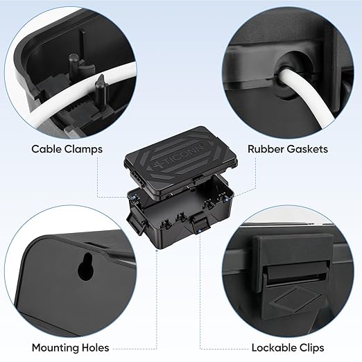 TICONN Outdoor Electrical Box, IP54 Splash-Proof Outdoor Extension Cord Cover, Protects Power Strip, Plug, Socket, Timer, Holiday Lights (Black, Large)