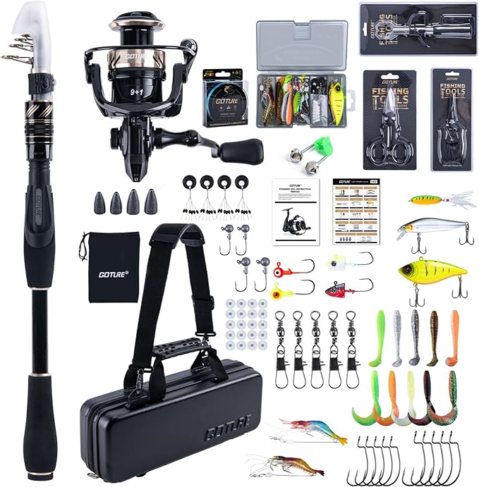 GOTURE Telescopic Fishing Rod and Reel Combos, Carbon Fiber Travel Fishing Pole, 9+1 BB Spinning Reel, Saltwater Freshwater Fishing Gear Kit with Braided Line, Lures, Carrier Bag for Bass Trout