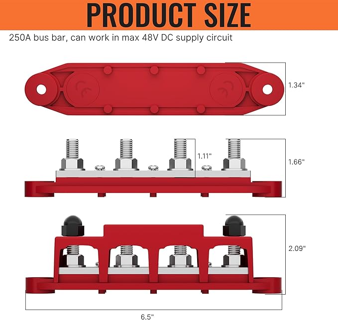 Joinfworld Power Distribution Block Bus Bar 12V 250A with 4 x 5/16"(M8) Studs Marine Bus Bar 12 Volt DC Battery Busbar Terminal Block for Automotive, Car, Boat, Solar Wiring - Negative&Positive