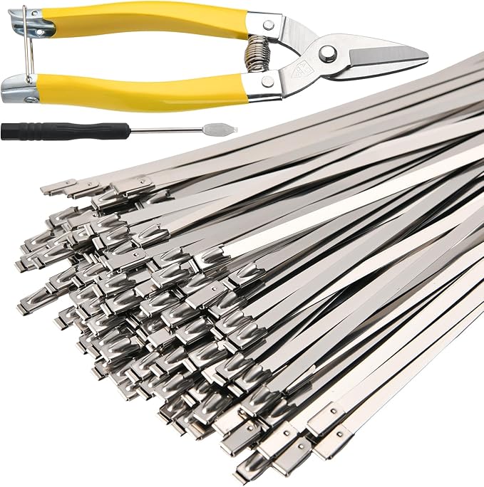 Stainless Steel Zip Ties Heavy Duty (120 PCS) with Metal Cutter, 11.8 Inch Self-Locking Cable Ties for Chain Link Fence, Outdoor, Electrical & Home Use