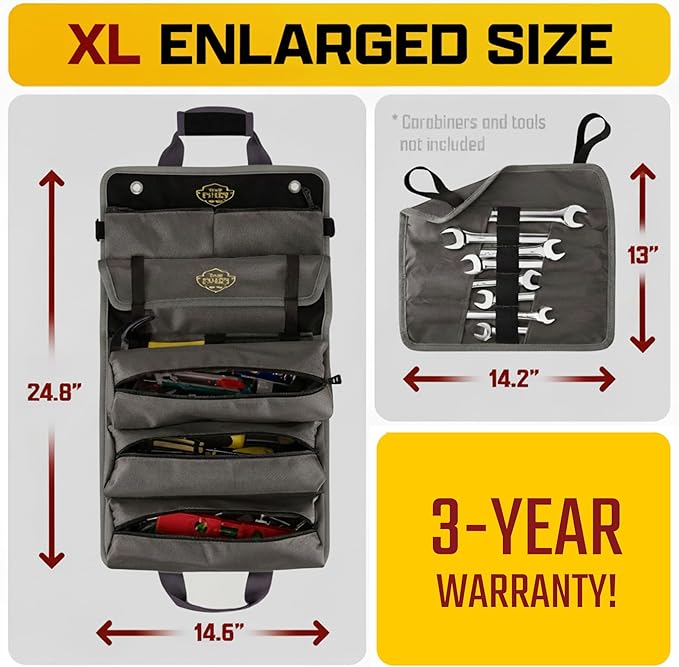 The Ryker Bag Black Pro Tool Roll – Heavy-Duty Canvas Roll-Up Tool Organizer w/detachable pouches for Bolts, Sockets & Small Power Tools for Electricians, Plumbers, HVAC Techs & DIY Professionals