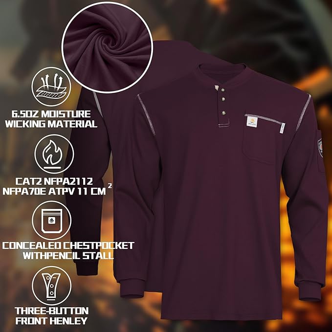 FR Shirts for Men CAT2/HRC2 Flame Resistant Shirts 6.5oz Light Weight Long Sleeve Fire Retardant Shirts