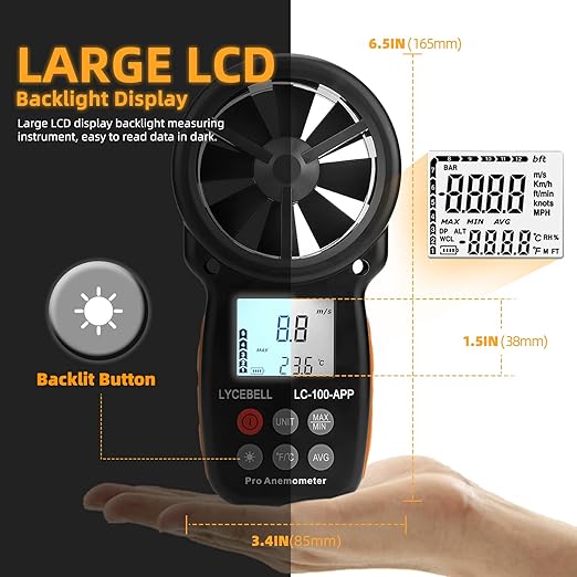 Wireless Anemometer with APP Bluetooth, Digital Handheld Wind Speed CFM Meter Measuring Temperature, Wind Chill, Air Flow Velocity, Wind Gauge for HVAC Outdoor Sailling Climbing Drone 100-APP
