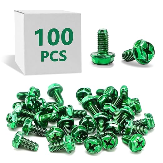 100 PCS Green Ground Screws for Electrical Box,10-32 x 3/8 Inch Combo Grounding Screw Hex Phillips Head for Junction Box and Electric Outlet