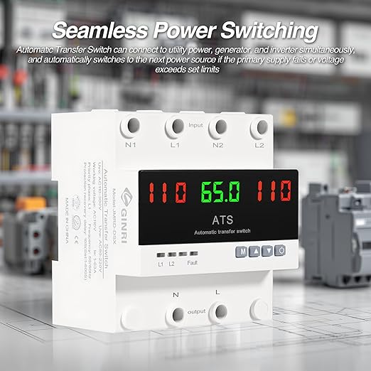 63A 110V Automatic Transfer Switch, Auto/Manual Generator Transfer Switch, DIN Rail Mount ATS with LED Display Safety Protections for Home Generator Inverter Utility Power L1 Priority Phase Selector